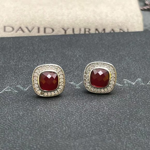 David Yurman Sterling Silver Garnet Stud Earrings with Pave Diamonds - Picture 6 of 12
